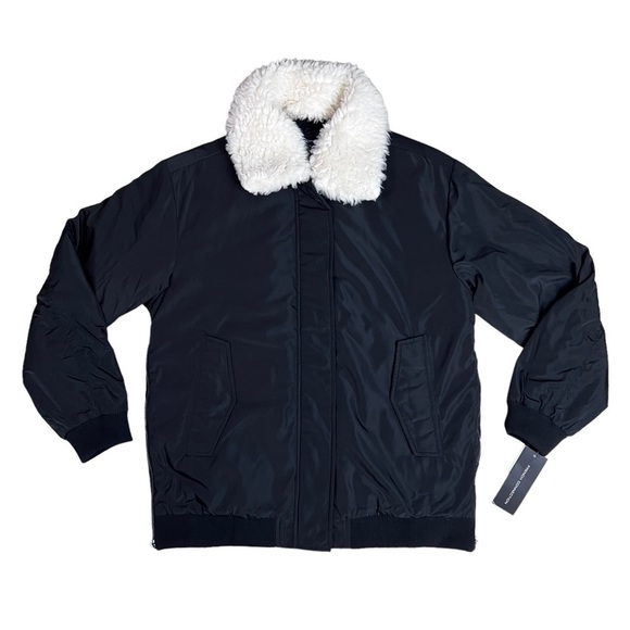 French Connection bomber jacket xsthick long black faux fur collar zipper NEW